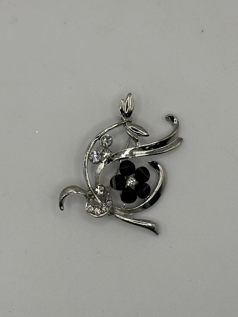 Silver-Tone Crystal Spray Brooch | Black Enamel Flower Accent Pin – floral metal, enamel fashion jewelry, main product image, Petit Détail