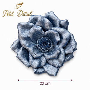 Handmade Glitter Leather Camellia Flower – 20 cm | Champagne, Silver & Blue | Made in Lebanon