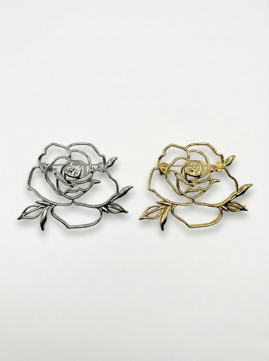 Minimalist Hollow Rose Brooch – Gold & Silver