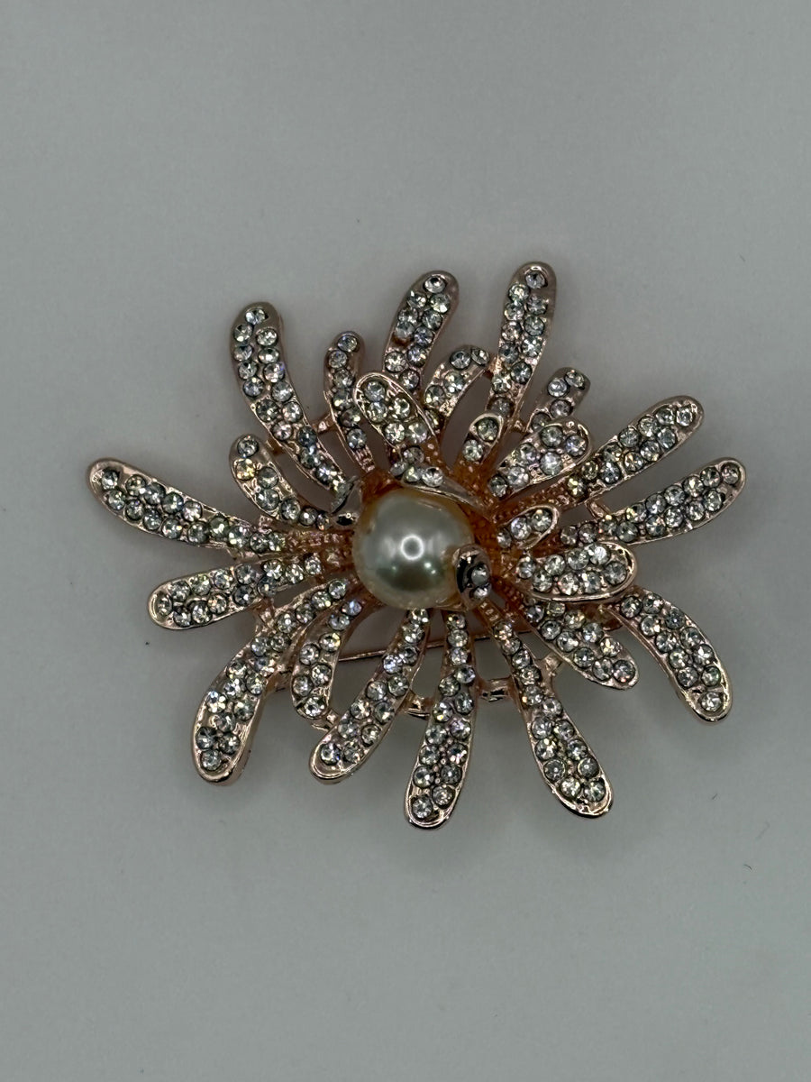 Rose Gold-Tone Crystal Fireworks Brooch | Pearl Center Starburst Pin – rose-gold metal fashion jewelry, main product image, Petit Détail