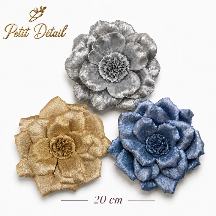 Handmade Glitter Leather Camellia Flower – 20 cm | Champagne, Silver & Blue | Made in Lebanon