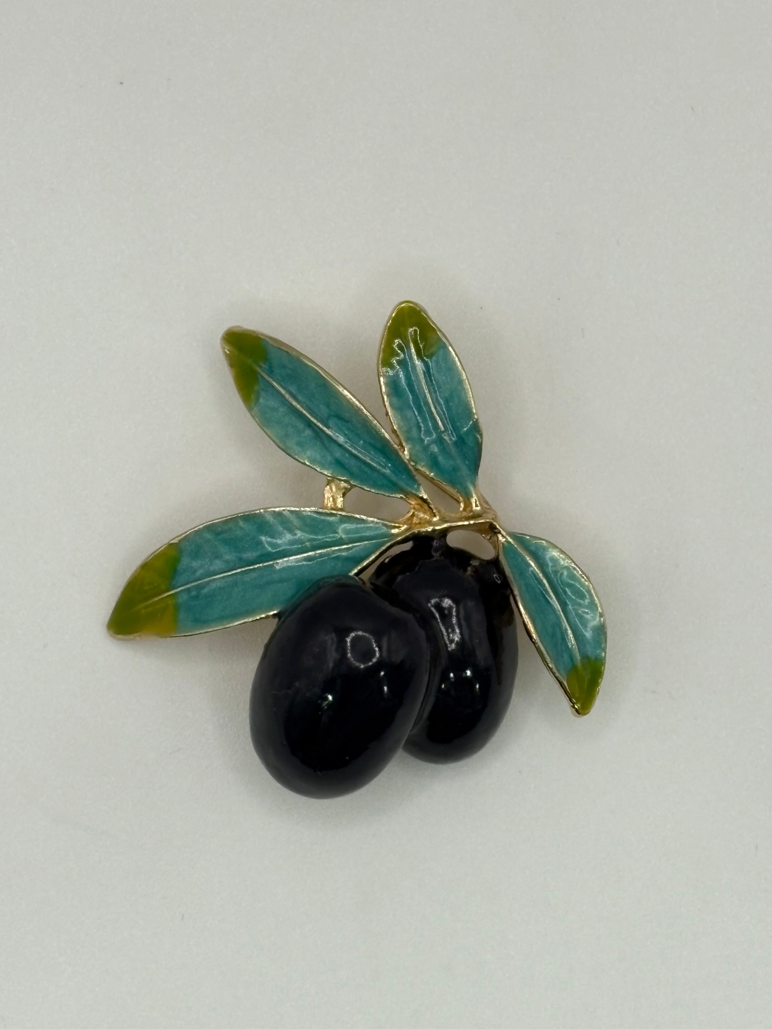 Enamel Olive Branch Brooch | Gold-Tone Mediterranean Pin with Black Olives