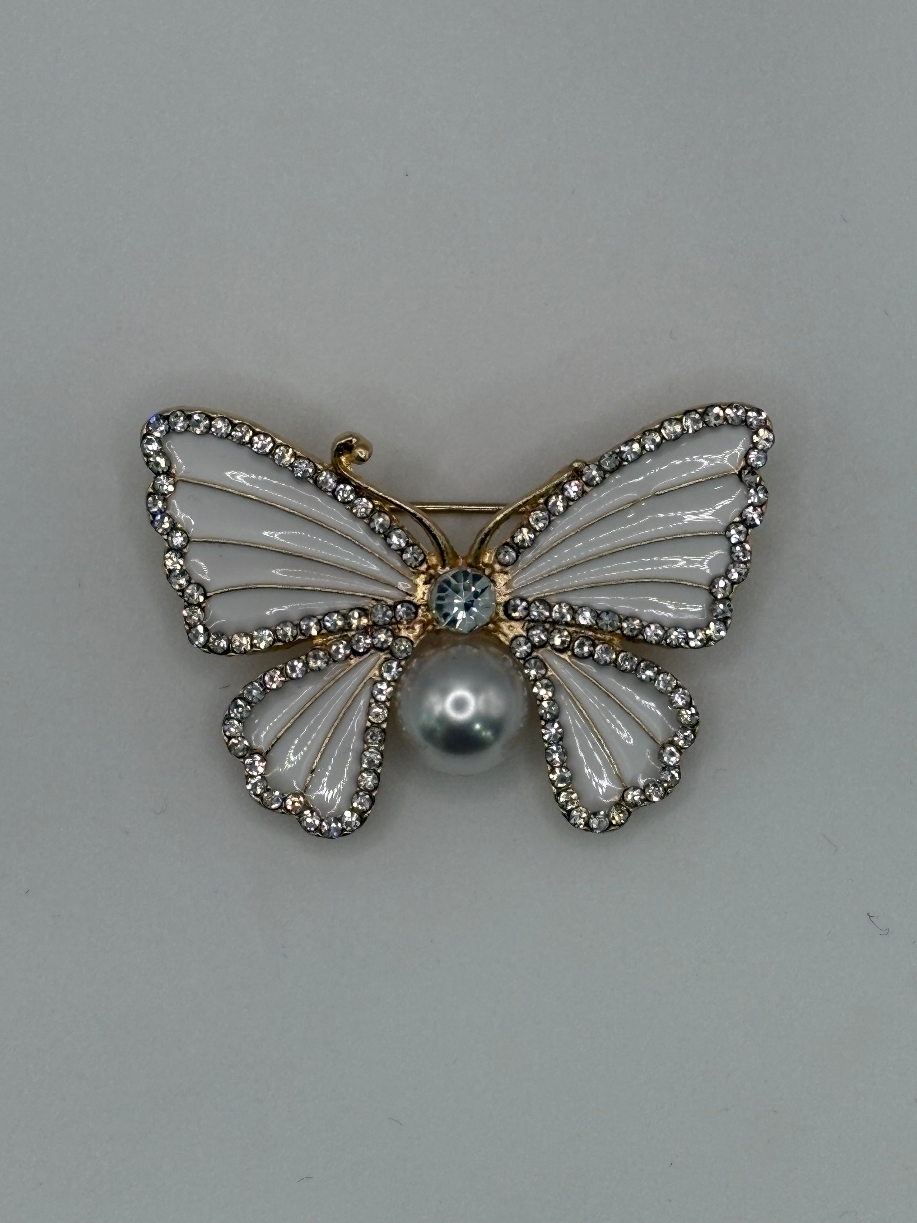 White Enamel & Pearl Butterfly Brooch | Gold-Tone Crystal Bridal Pin