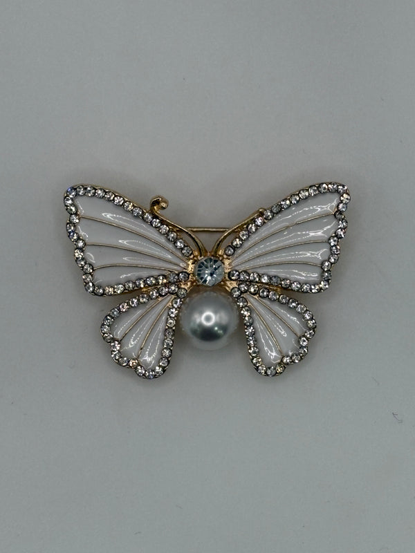White Enamel & Pearl Butterfly Brooch | Gold-Tone Crystal Bridal Pin – white enamel, metal fashion jewelry, main product image, Petit Détail