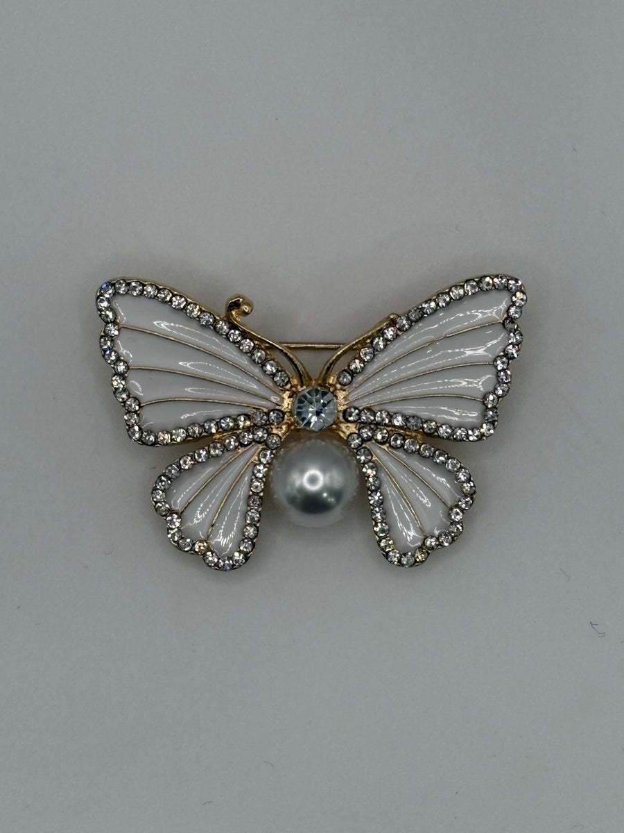 White Enamel & Pearl Butterfly Brooch | Gold-Tone Crystal Bridal Pin – white enamel, metal fashion jewelry, main product image, Petit Détail