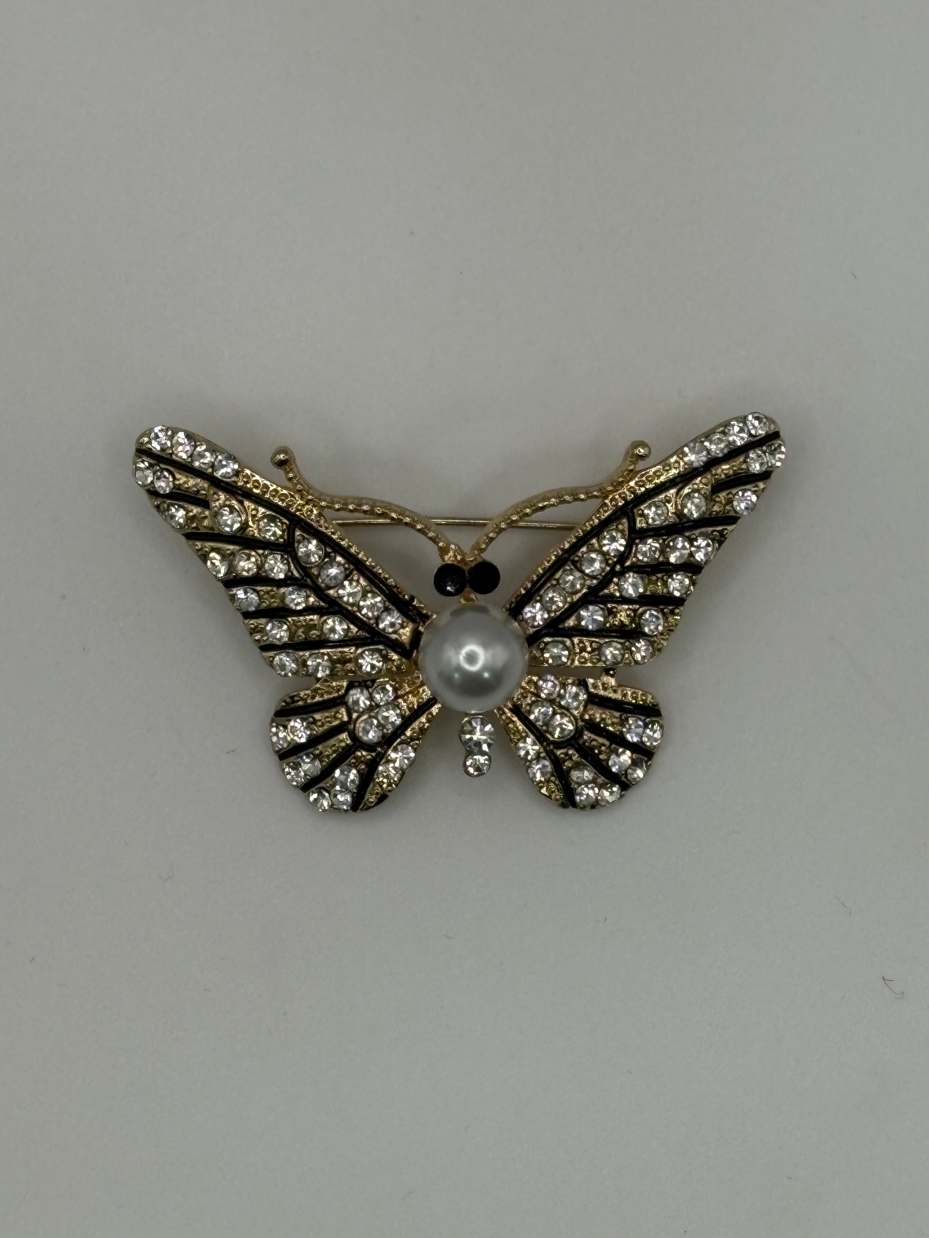 Glamorous Black Enamel & Crystal Butterfly Brooch | Pearl Center Gold-Tone Pin