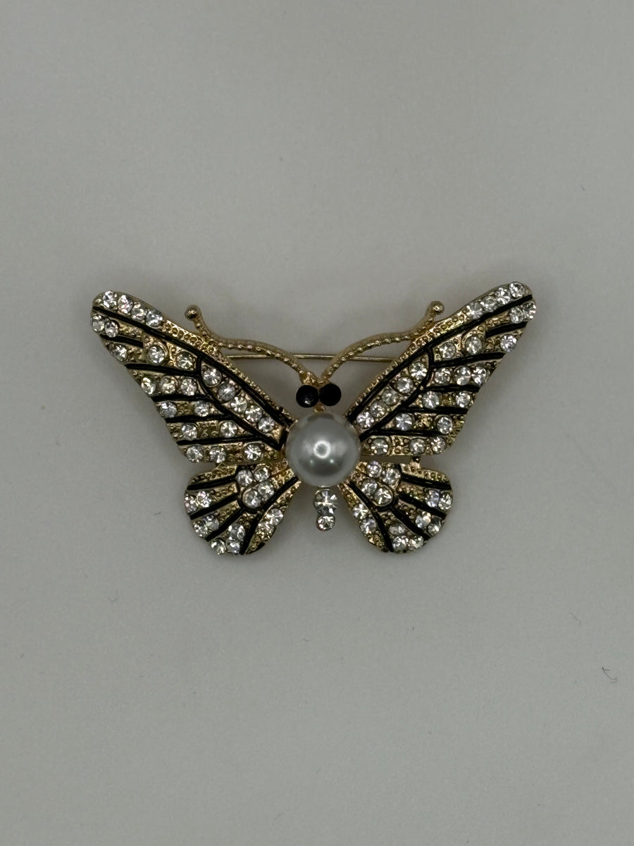 Glamorous Black Enamel & Crystal Butterfly Brooch | Pearl Center Gold-Tone Pin – black enamel, metal fashion jewelry, main product image, Petit Détail