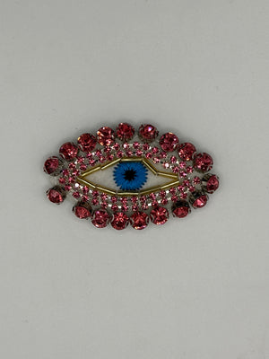 Hand-Sewn Beaded Evil Eye Brooch | Artisan Crystal Pin (Blue & Pink) – detail view | Petit Détail