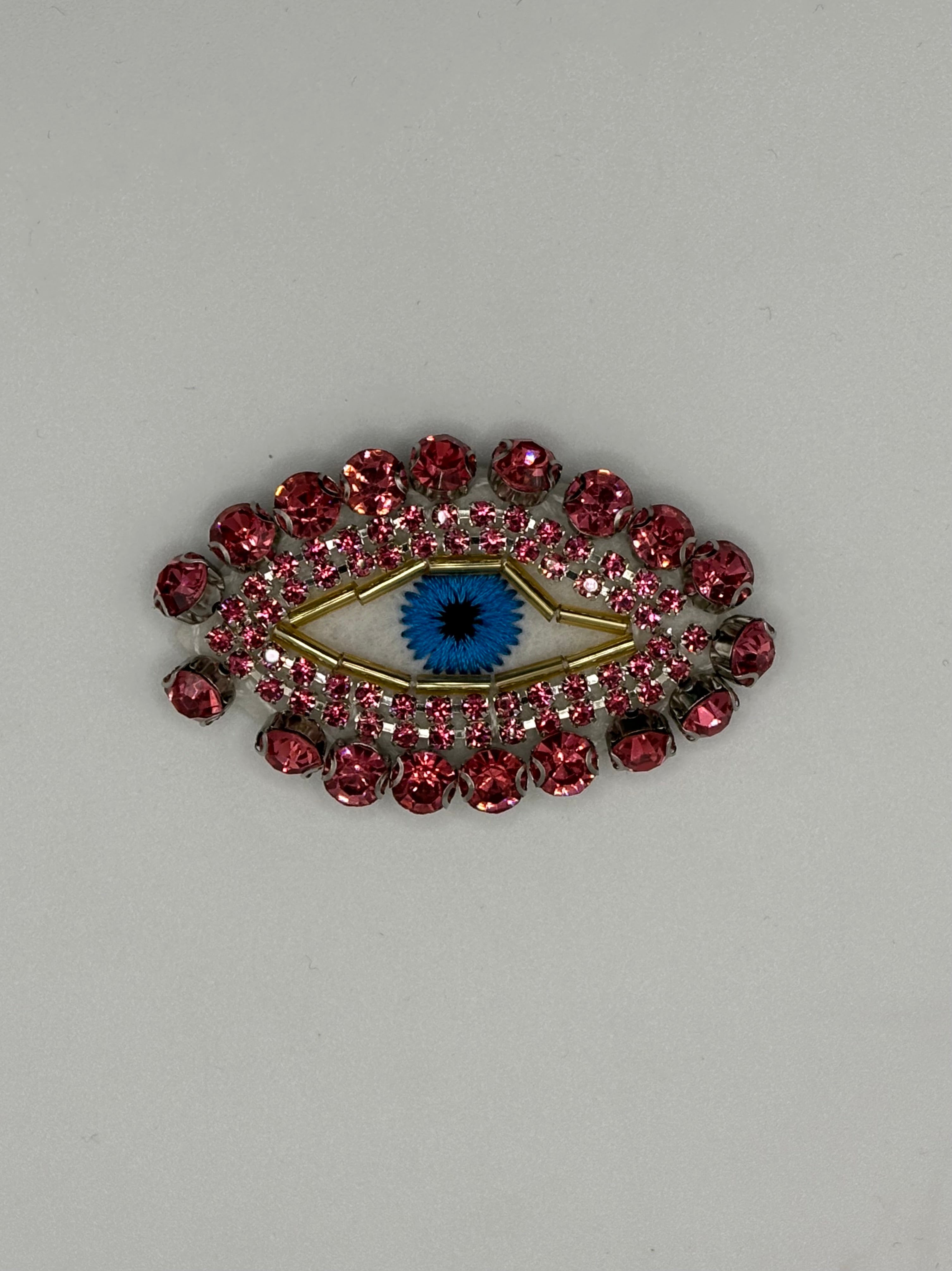 Hand-Sewn Beaded Evil Eye Brooch | Artisan Crystal Pin (Blue & Pink)