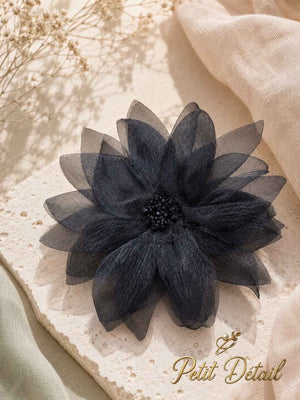 Handmade Black Crystal Organza Textile Flower Brooch – Premium Black Strass Center – 15 cm Petit Détail Lebanon