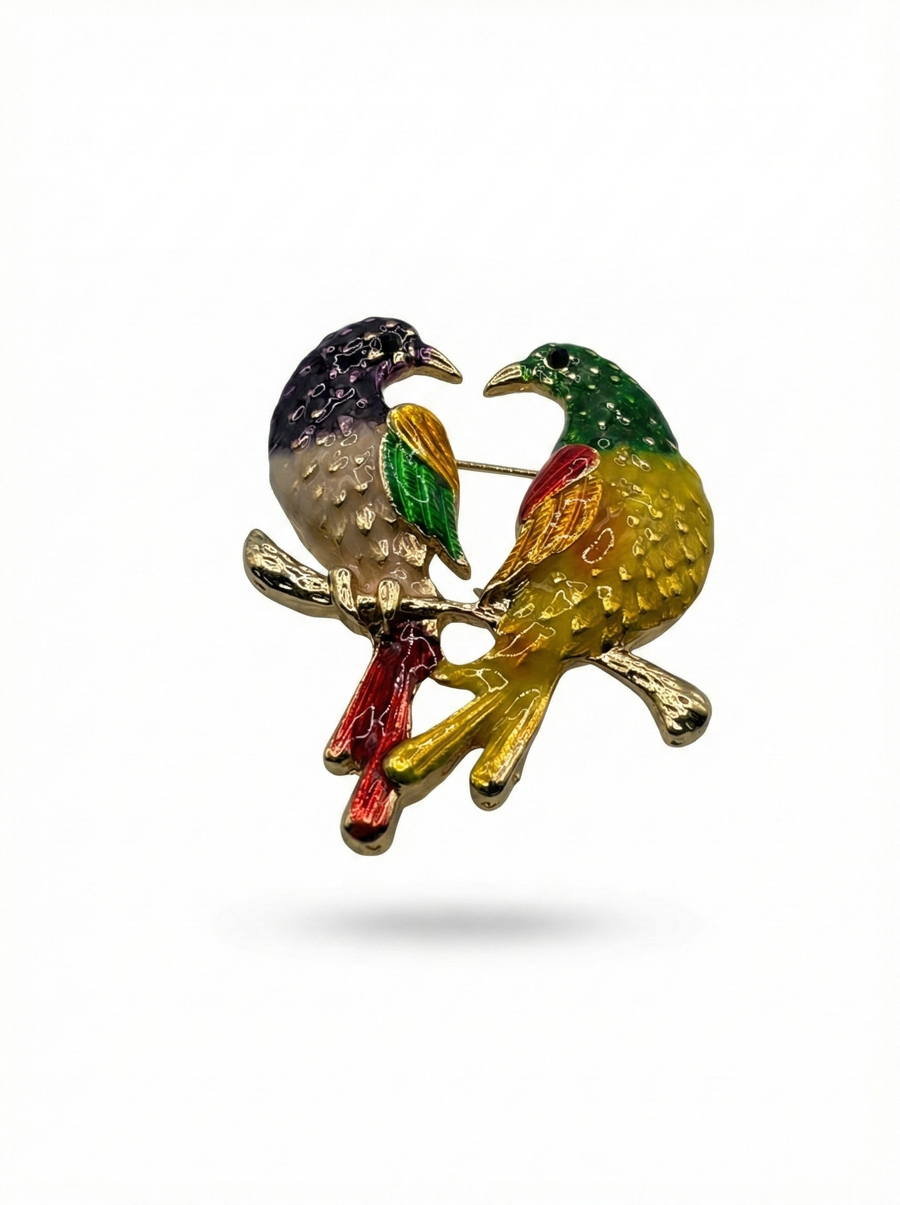 Colorful Lovebirds Enamel Brooch