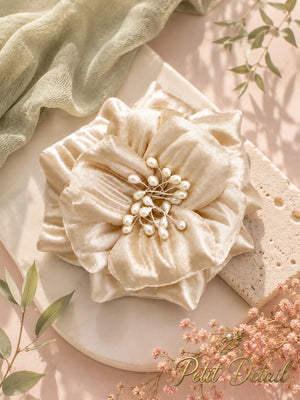 Handmade Champagne Pearl Textile Flower – 15 cm | Couture Fabric Flower | Made in Lebanon
