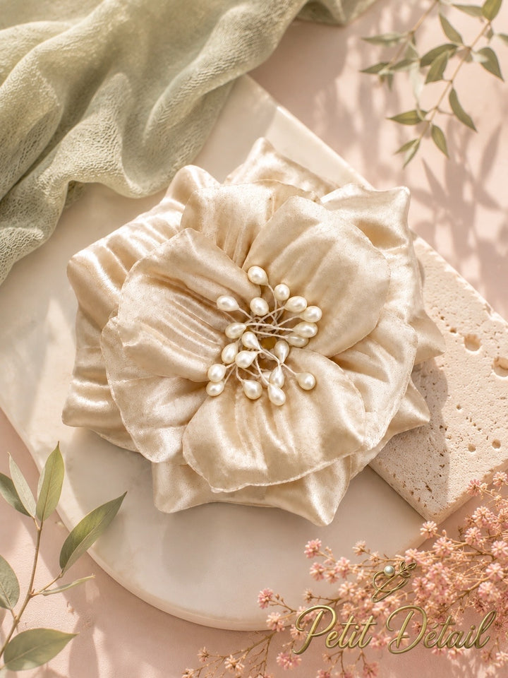 Handmade Champagne Pearl Textile Flower – 15 cm | Couture Fabric Flower | Made in Lebanon