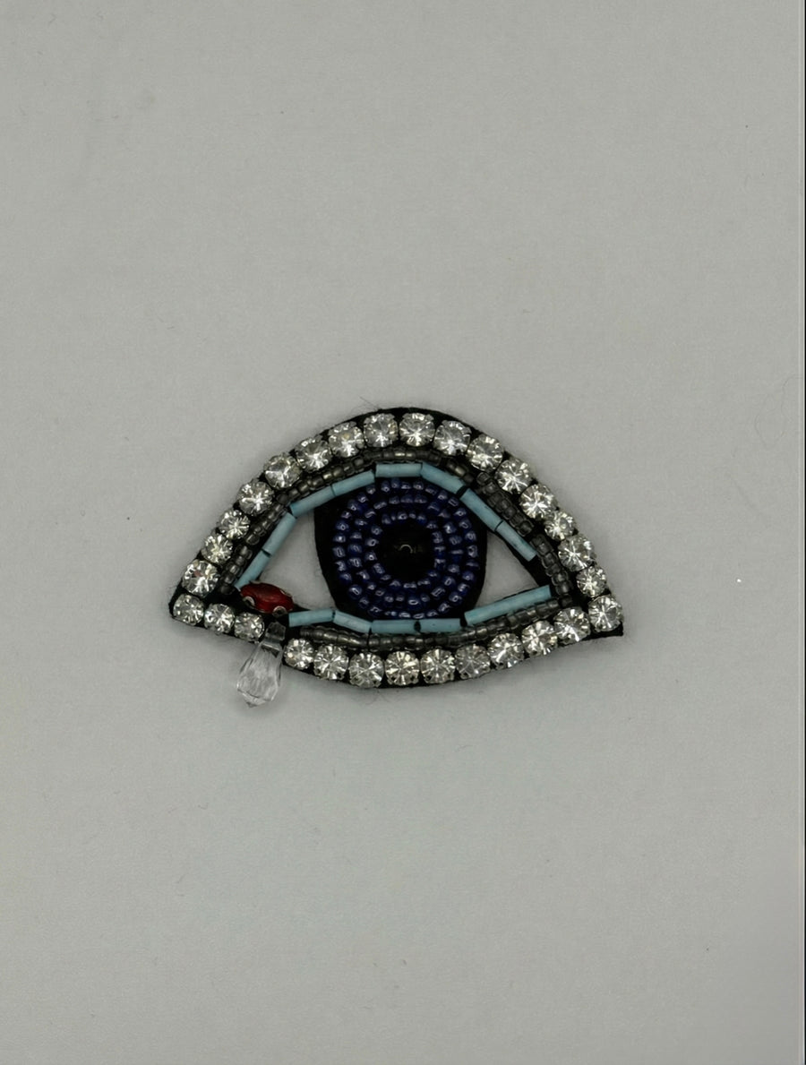 Hand-Embroidered "Crying Eye" Brooch | Crystal Teardrop Artisan Pin – geometric crystal fashion jewelry, main product image, Petit Détail
