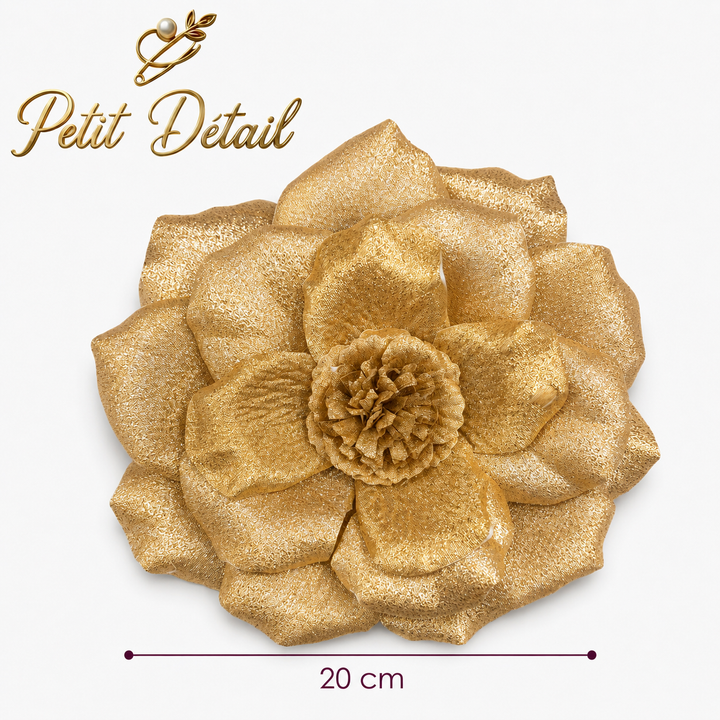 Handmade Glitter Leather Camellia Flower – 20 cm | Champagne, Silver & Blue | Made in Lebanon