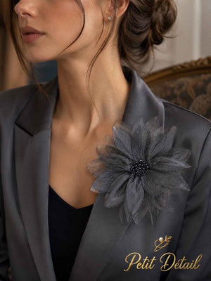 Handmade Black Crystal Organza Textile Flower Brooch – Premium Black Strass Center – 15 cm Petit Détail Lebanon