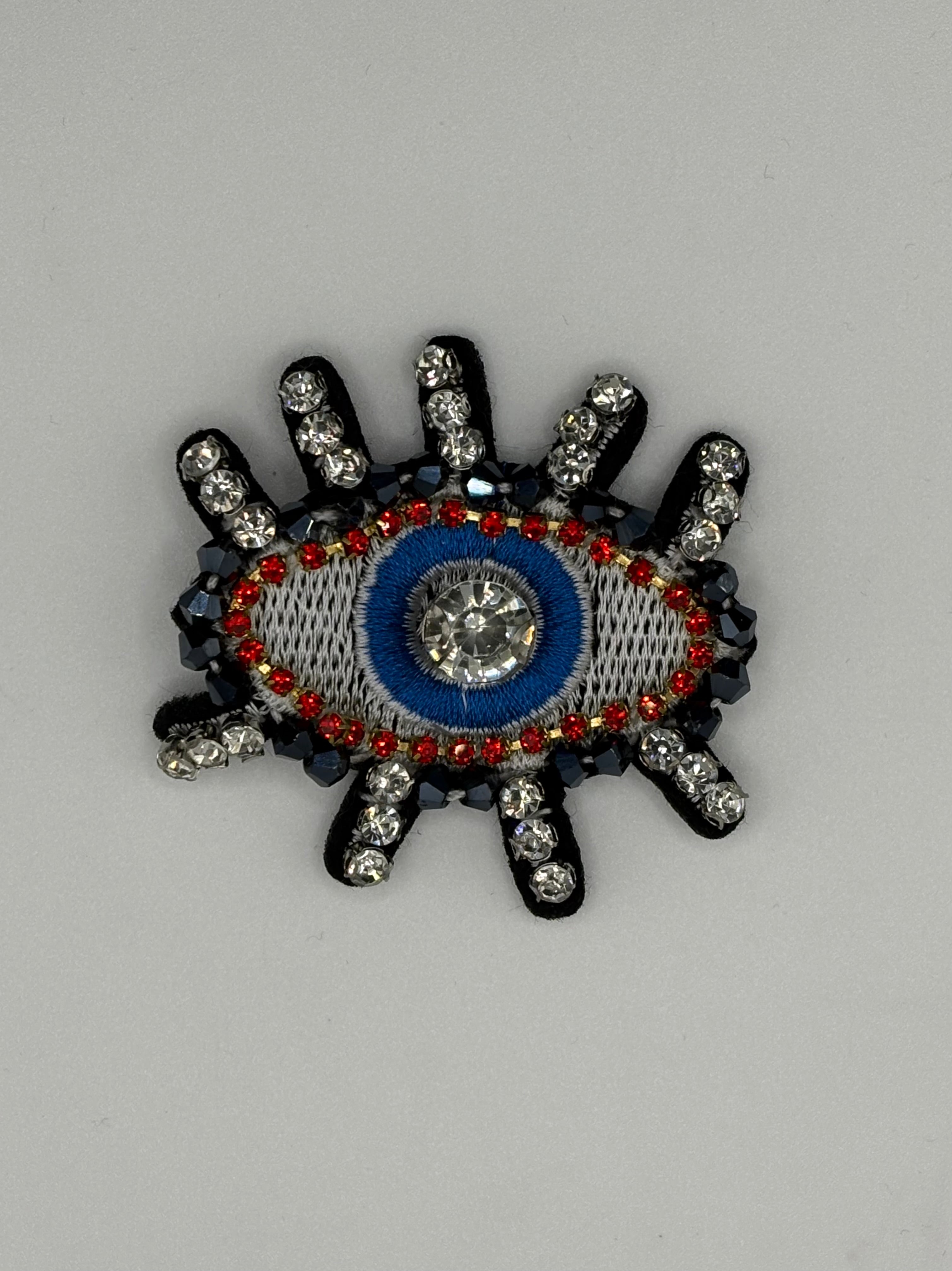 Hand-Embroidered Crystal Lash Evil Eye Brooch | Blue & Red Artisan Pin