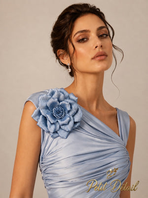 Handmade Glitter Leather Camellia Flower – 20 cm | Champagne, Silver & Blue | Made in Lebanon