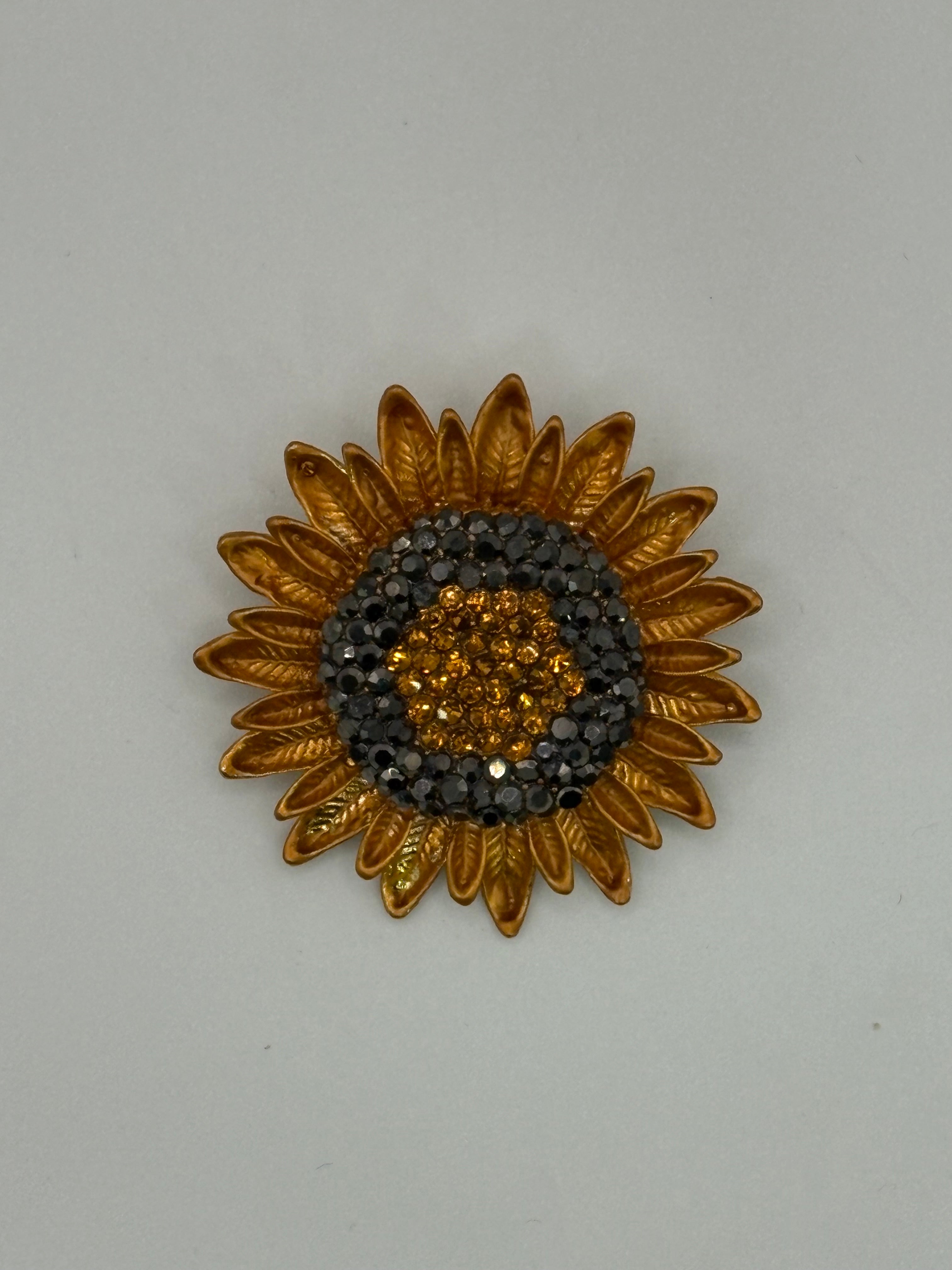 Antique Gold Sunflower Brooch with Paved Crystal Center