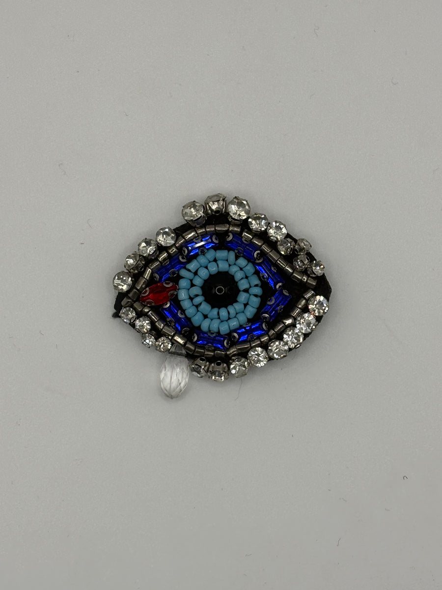 Hand-Embroidered "Midnight Crying Eye" Brooch | Royal Blue Teardrop Pin – blue-1 crystal, metal fashion jewelry, main product image, Petit Détail