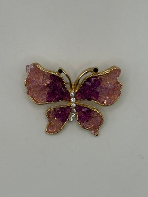 Crushed Crystal Butterfly Brooch Collection | Gold-Tone Geode Style Pin (3 Colors) – pink; black; green metal fashion jewelry, main product image, Petit Détail