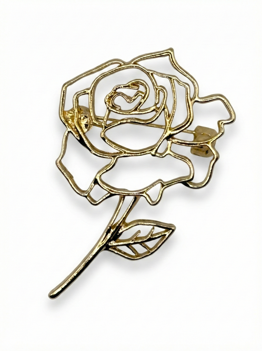 Elegant Long Stem Hollow Rose Brooch – Gold Tone