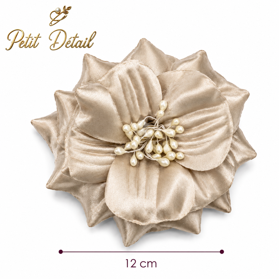 Handmade Champagne Pearl Textile Flower – 12 cm | Couture Fabric Flower | Made in Lebanon