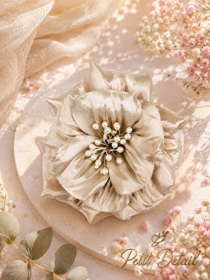 Handmade Champagne Pearl Textile Flower – 20 cm | Couture Fabric Flower | Made in Lebanon