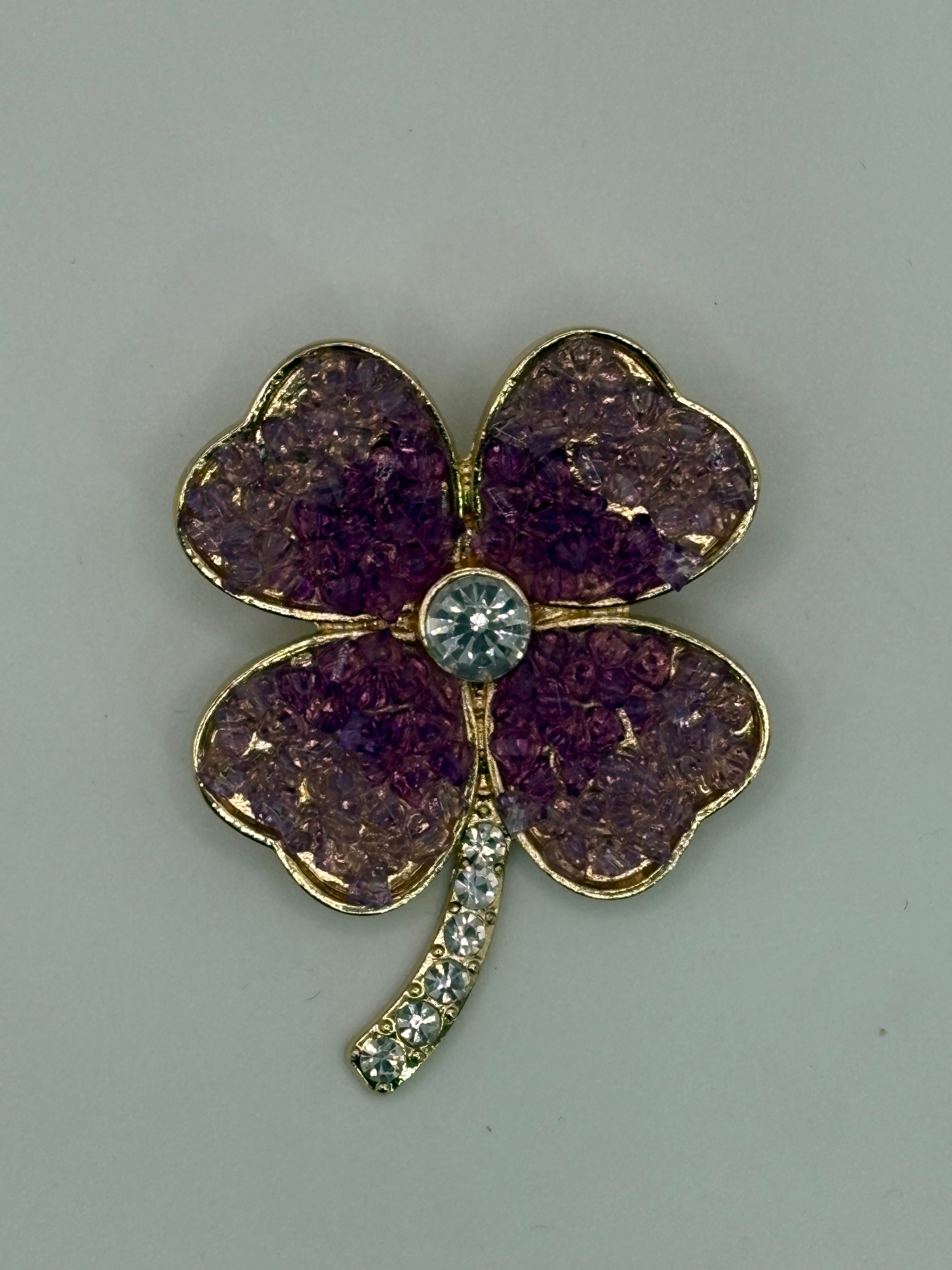 Gold-Tone Crushed Crystal Effect Clover Brooch