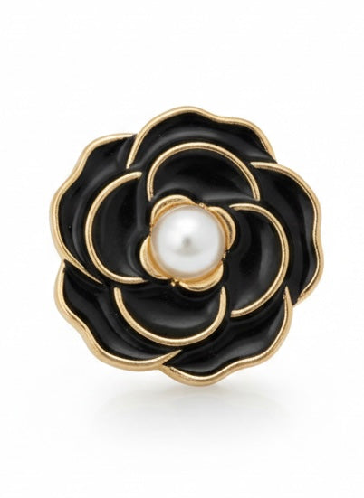 Black Enamel Rose Button Cover | Gold & Pearl Flower Cache-Bouton