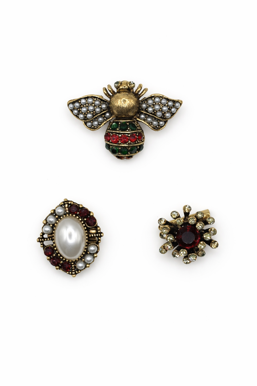 Vintage Style Pearl Bee & Red Crystal Brooch Set (Set of 3)