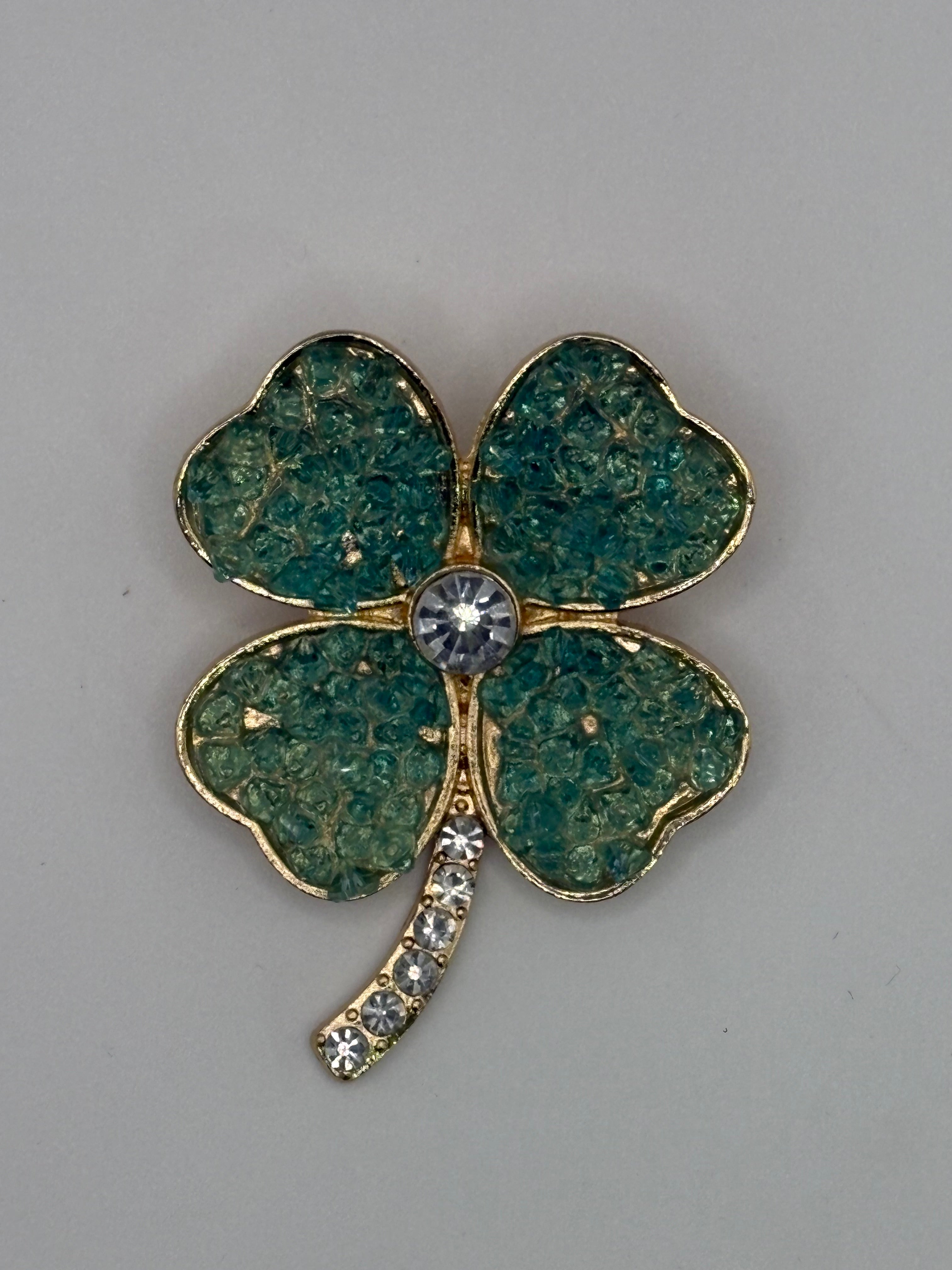 Gold-Tone Crushed Crystal Effect Clover Brooch