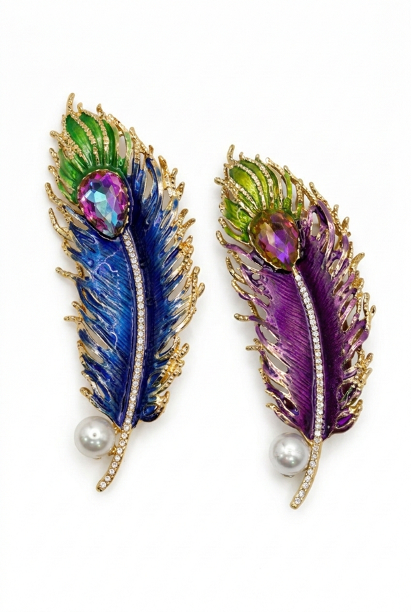 Royal Peacock Feather Brooch with Amethyst-Hued Crystal