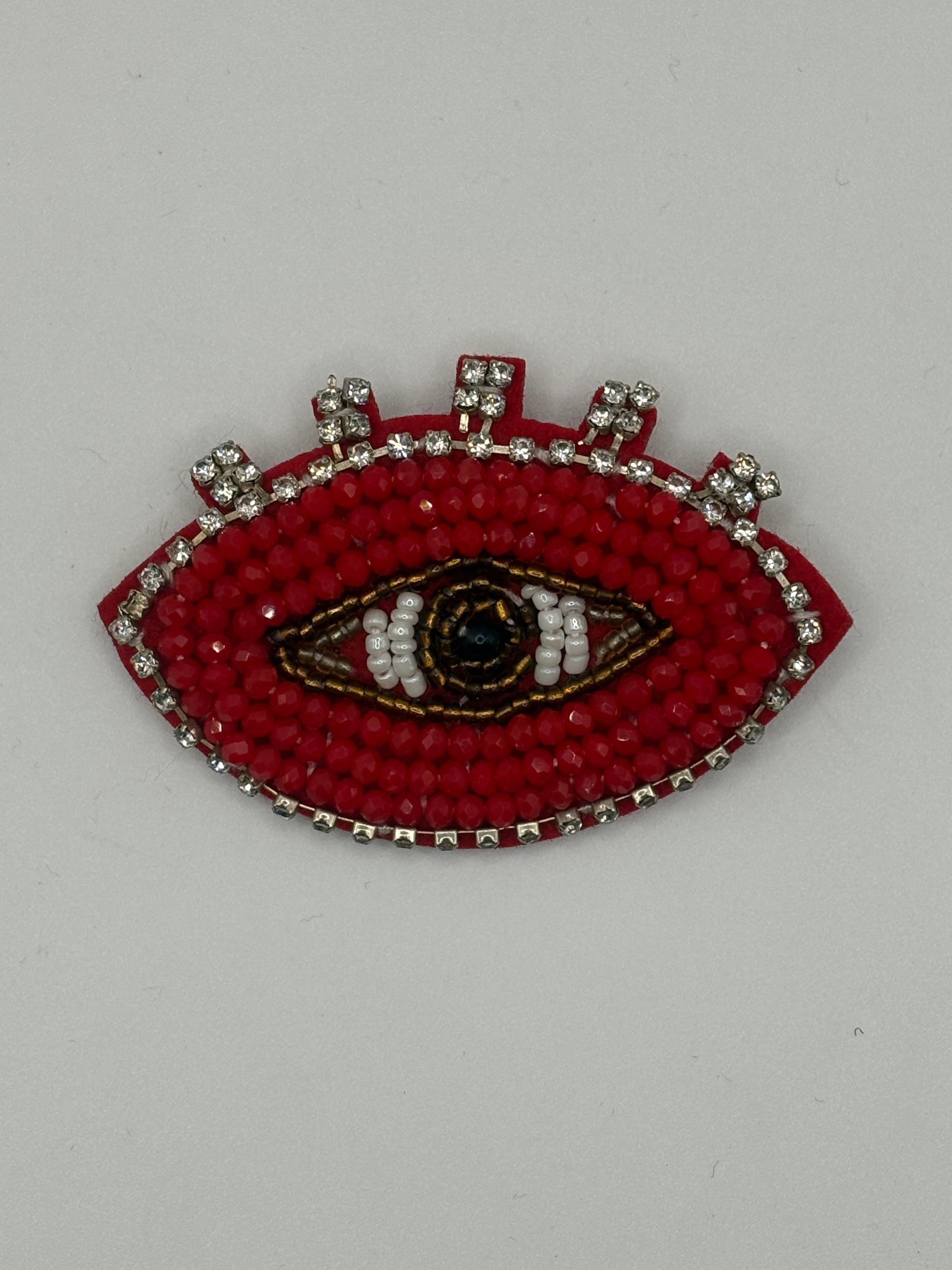 Hand-Embroidered Red Crystal Evil Eye Brooch | Beaded Statement Pin