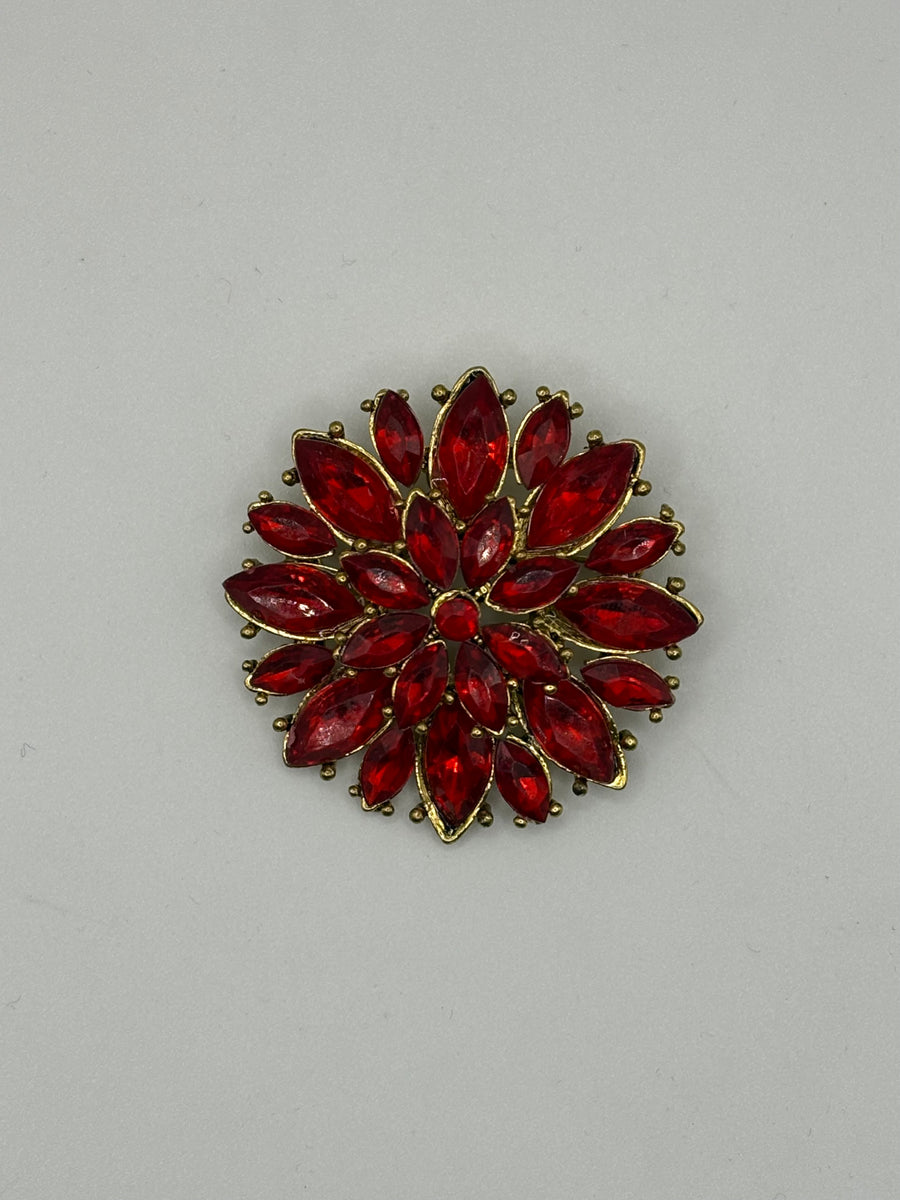 Retro 50s Style Red Crystal Bow Brooch | Antique Gold Spray Pin, main product image, Petit Détail