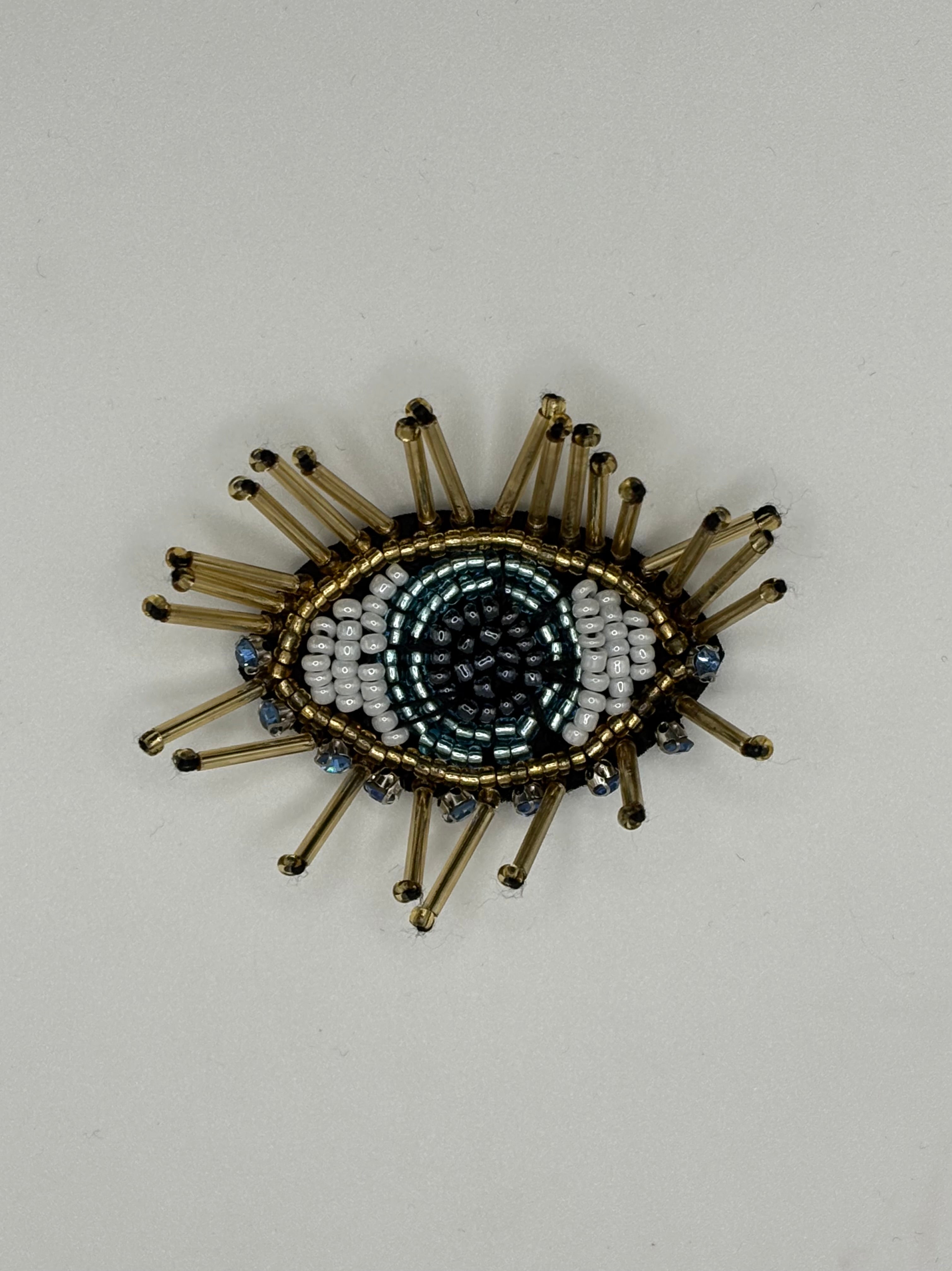 Hand-Beaded Gold Sunburst Evil Eye Brooch | Teal & Gold Artisan Pin