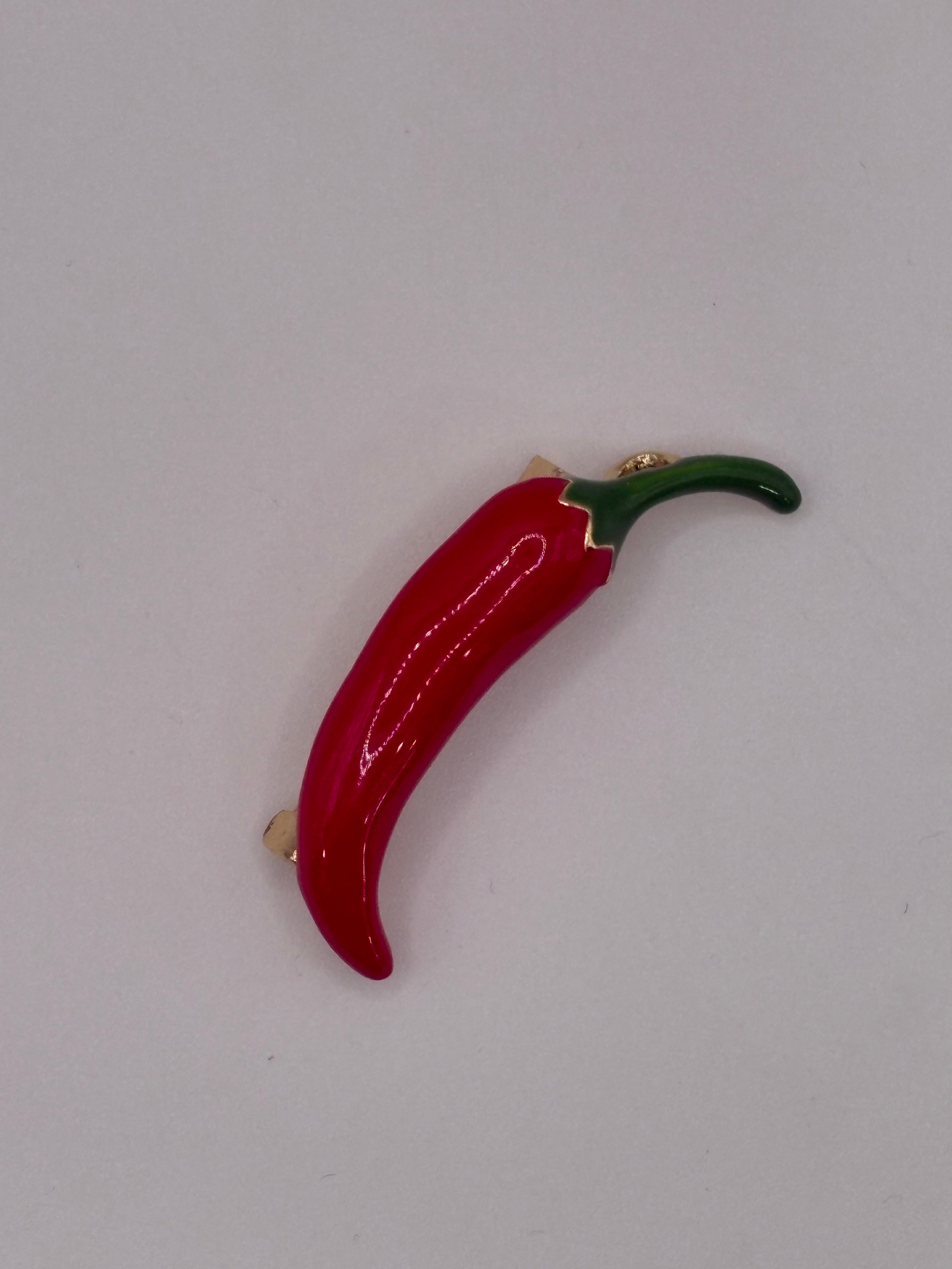Vibrant Red Chili Pepper Enamel Brooch | Gold-Tone Lucky Charm Pin
