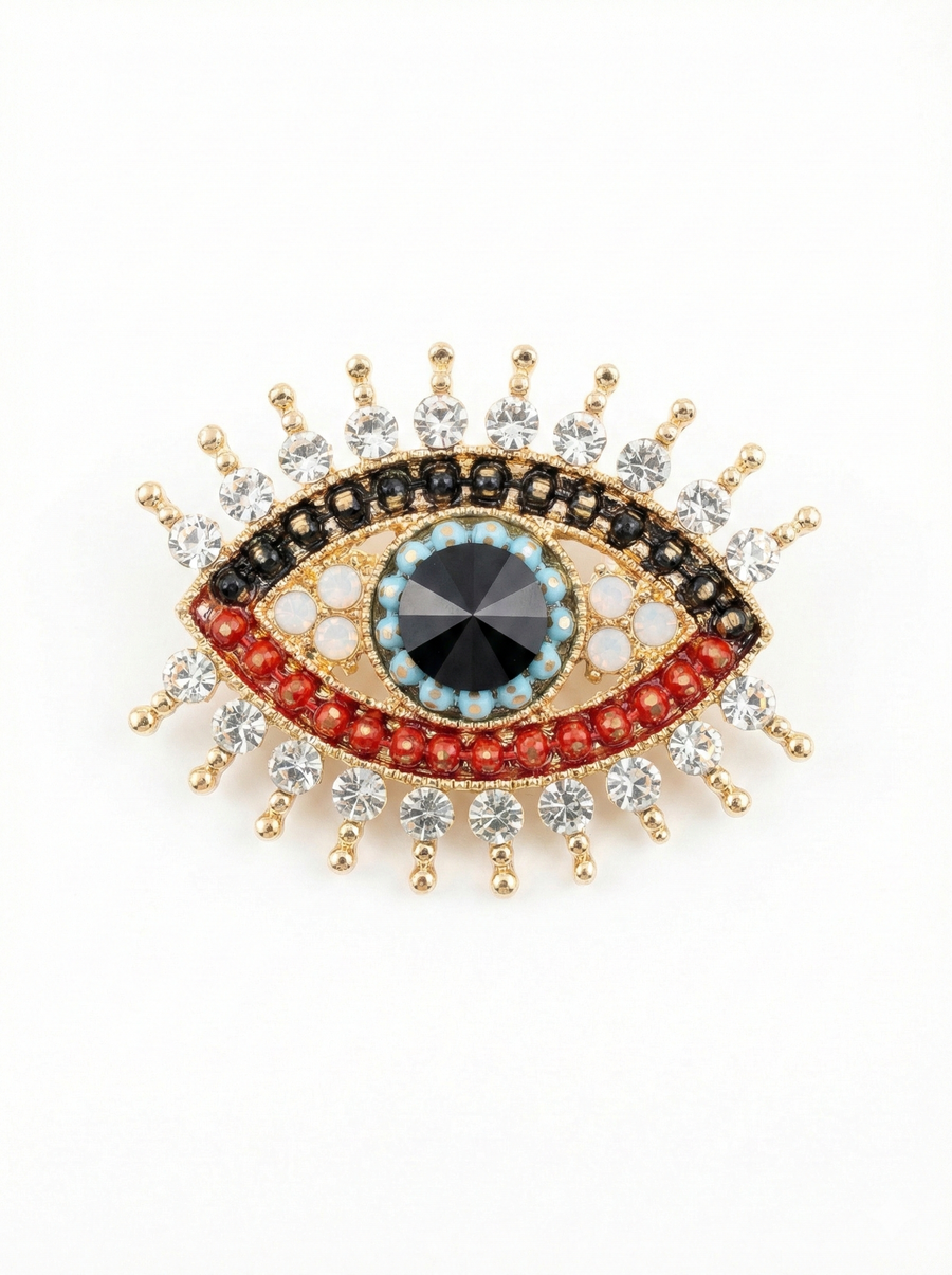 Vintage-Style Sunburst Evil Eye Brooch | Gold-Tone Crystal Protection Pin