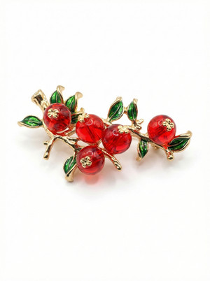 Translucent Red Berry Branch Brooch – Gold Tone