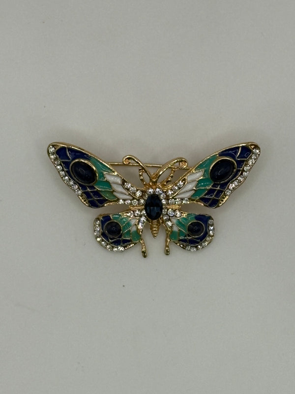Enamel & Crystal Butterfly Brooch – blue enamel, metal fashion jewelry, main product image, Petit Détail