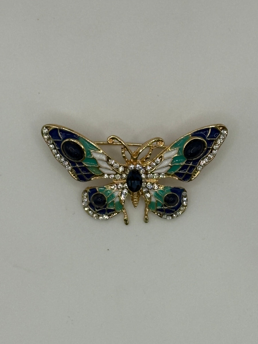 Enamel & Crystal Butterfly Brooch – blue enamel, metal fashion jewelry, main product image, Petit Détail