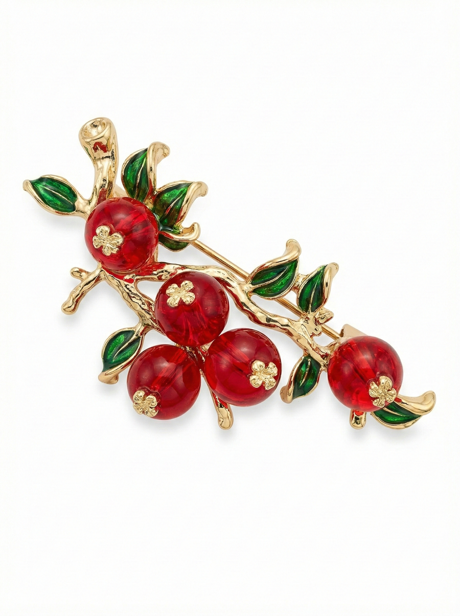 Translucent Red Berry Branch Brooch – Gold Tone