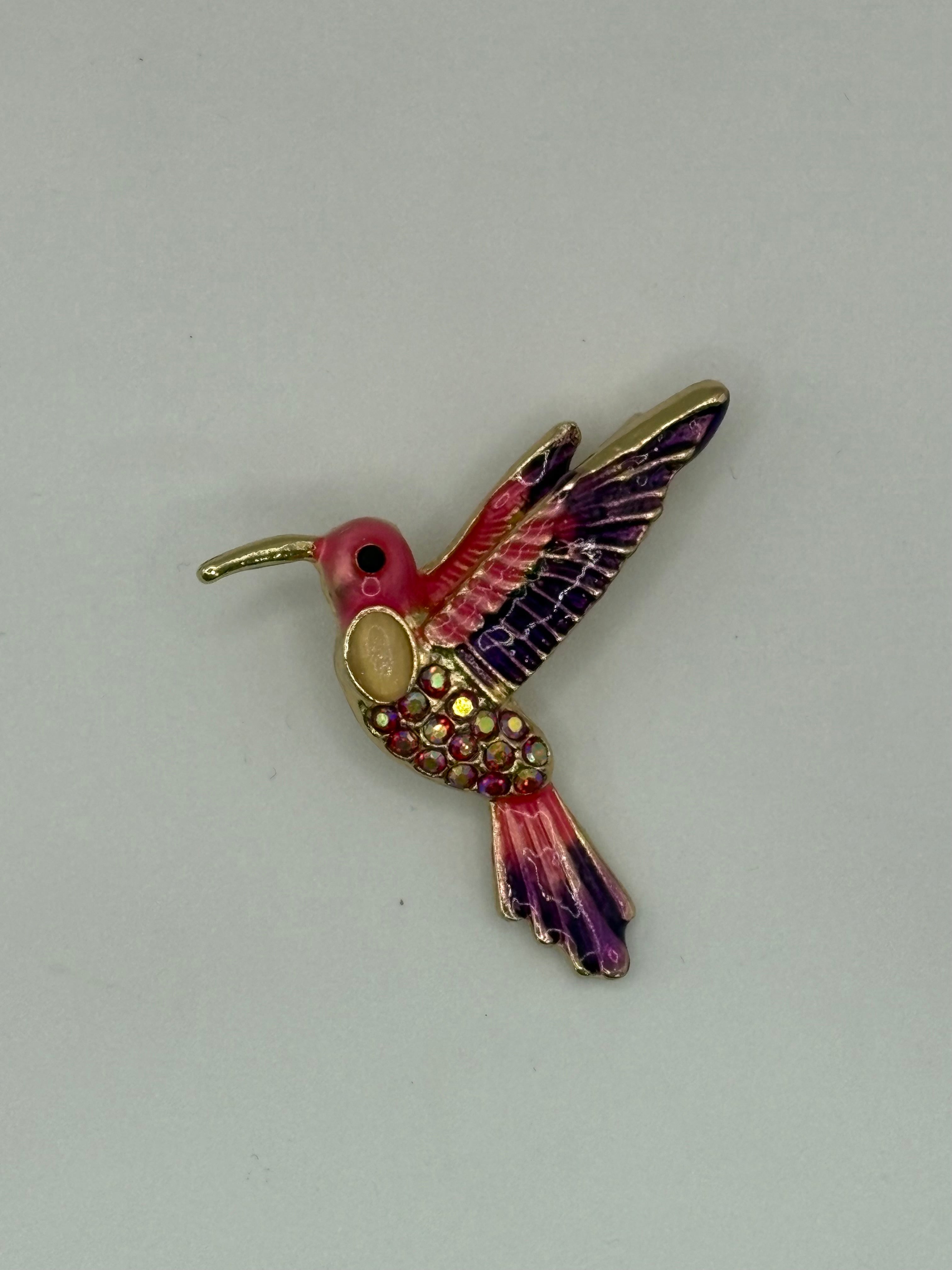 Vibrant Pink & Purple Enamel Hummingbird Brooch | Gold-Tone Crystal Pin