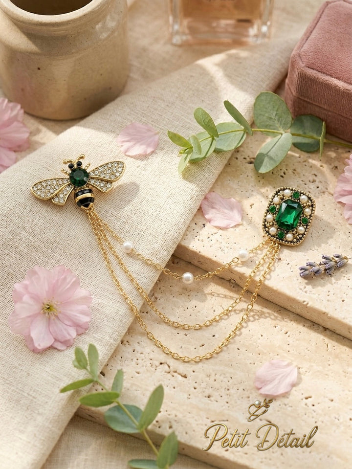Bee Chatelaine Brooch with Green Crystal Square Petit Détail Lebanon