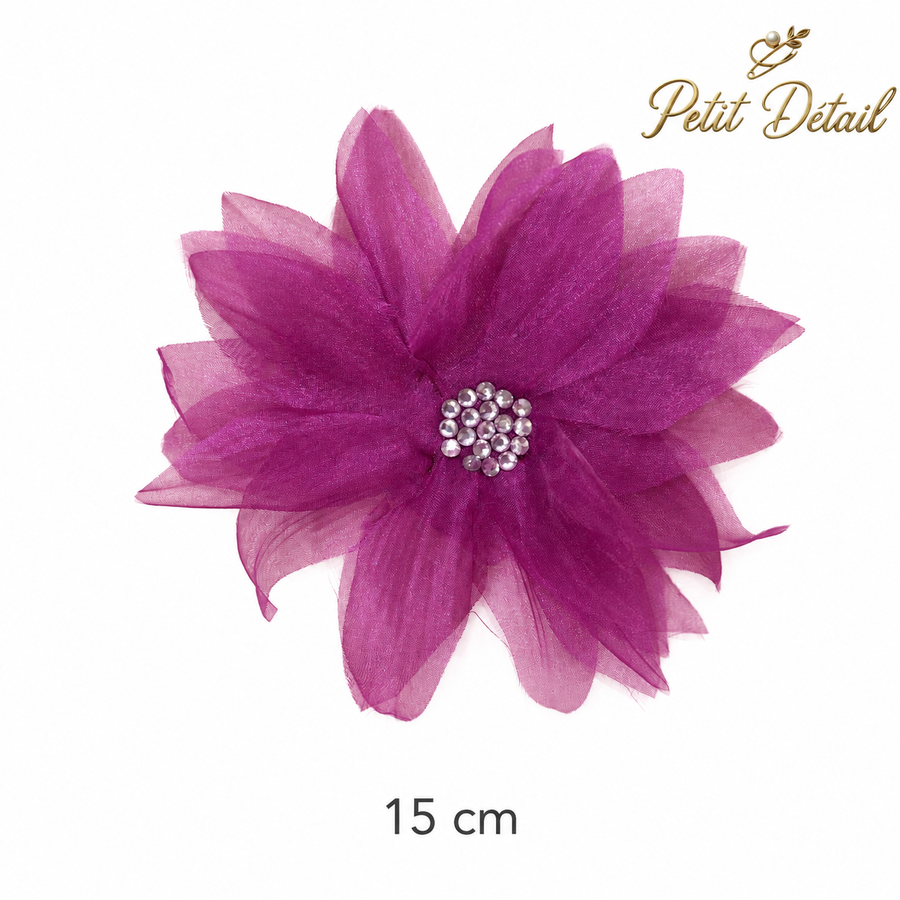 Handmade Violet Crystal Organza Textile Flower Brooch – Premium Strass Center – 15 cm Petit Détail Lebanon