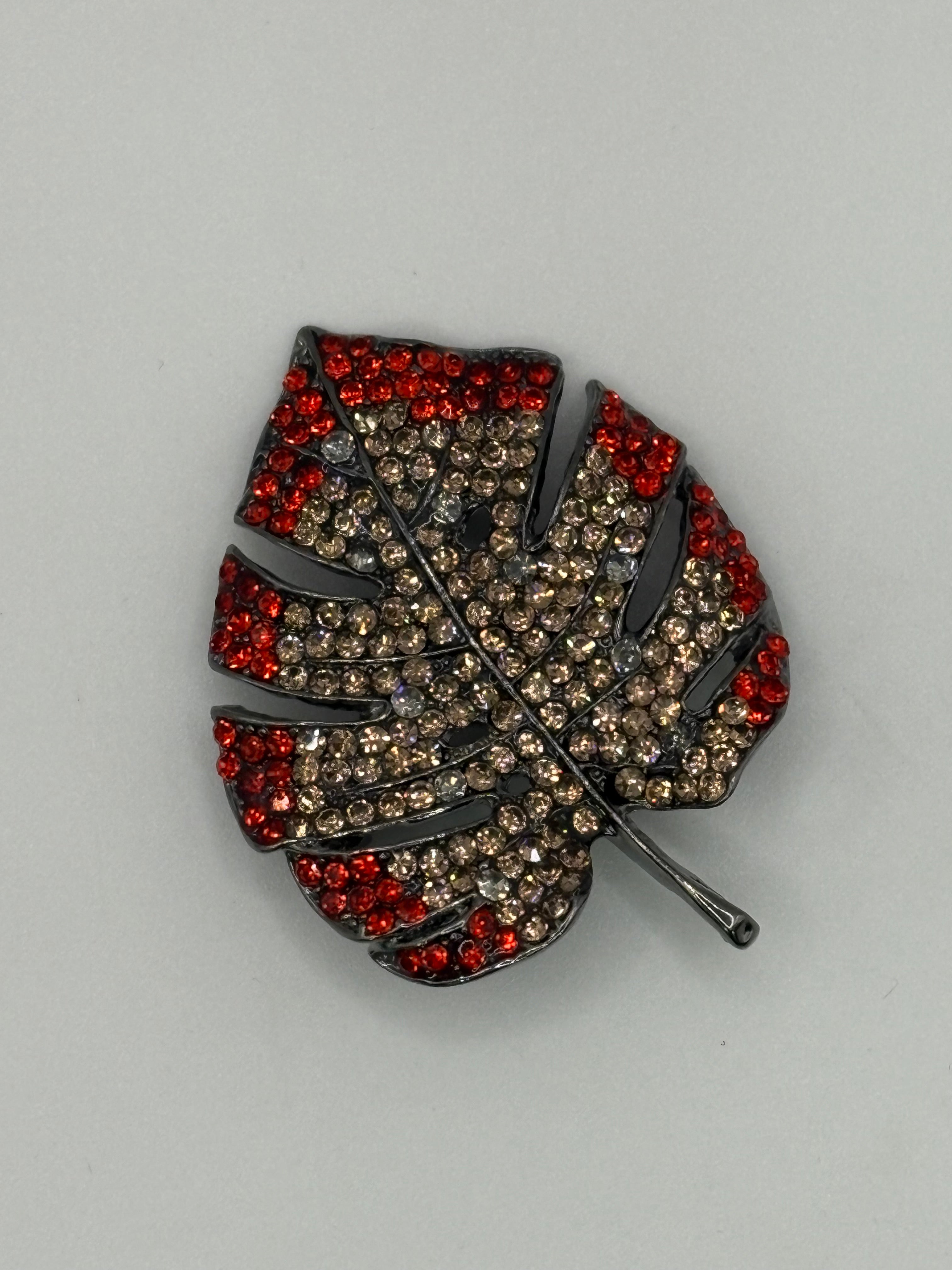 Pave Crystal Monstera Leaf Brooch | Gunmetal Tropical Palm Pin (3 Colors)