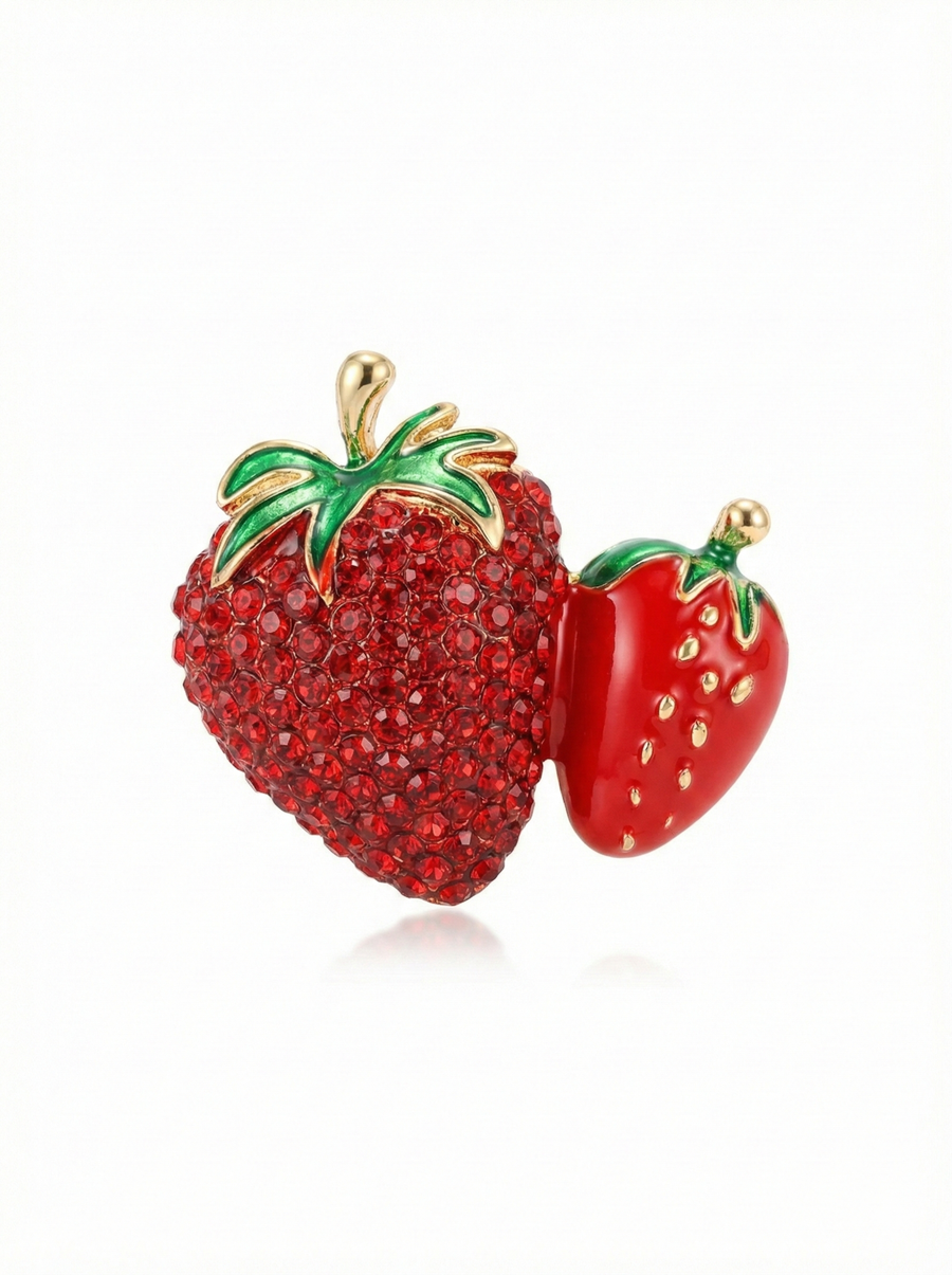 Sparkling Double Strawberry Brooch – Crystal & Enamel