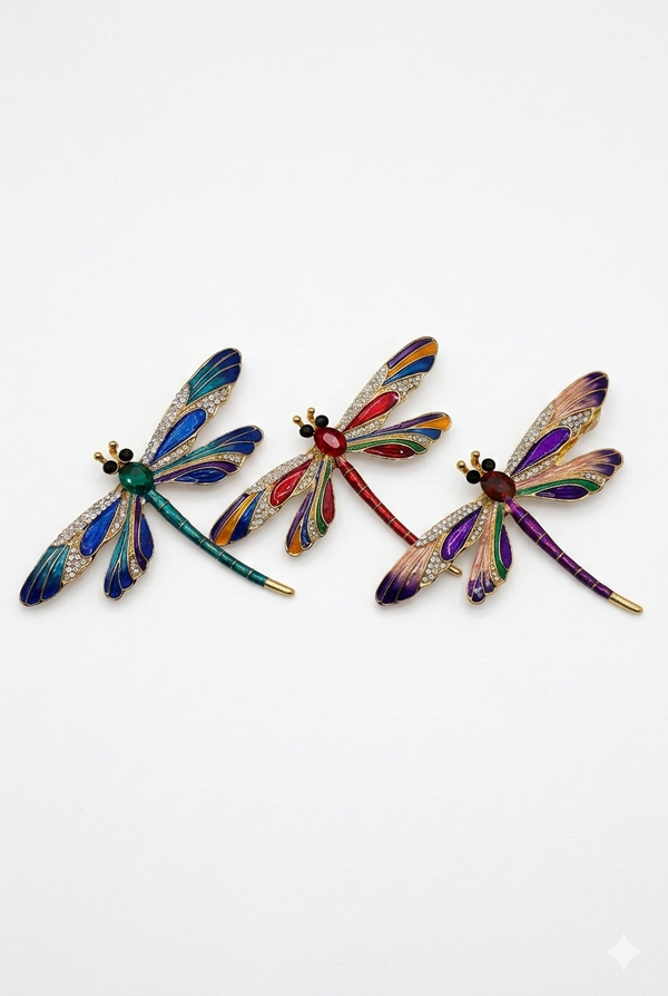 Art Nouveau Enamel & Crystal Dragonfly Brooch | Gold-Tone Vintage Style Pin (3 Colors)