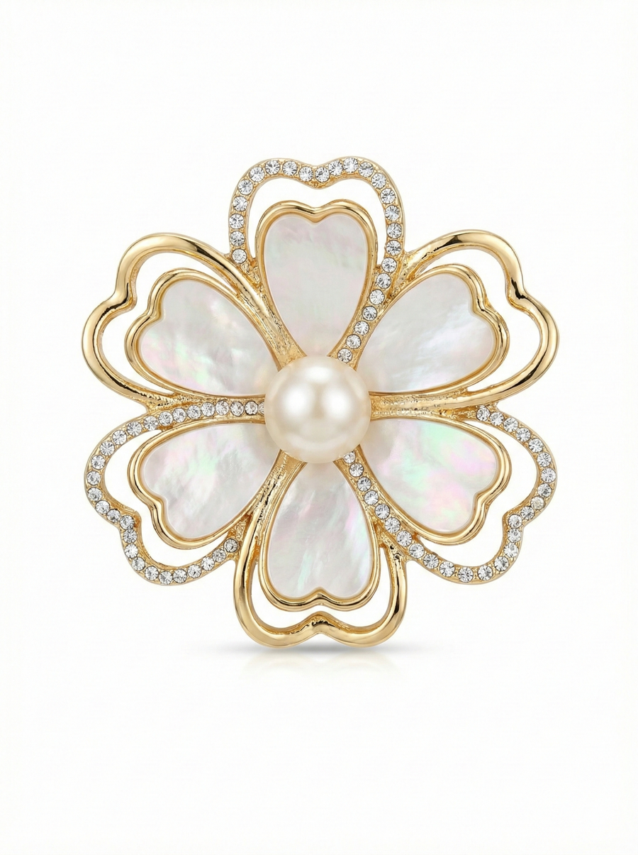 Pearl & Crystal Clover Flower Brooch – Gold Tone