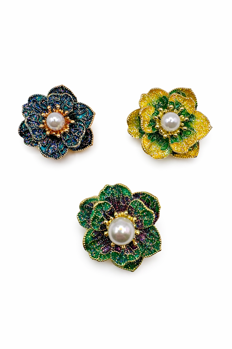 Glitter Enamel Flower Brooch with Pearl Center